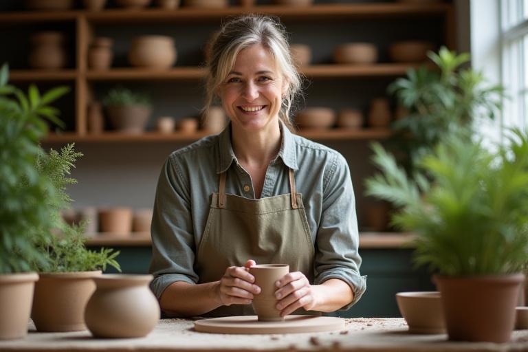 Gründerin von Grünfarn Werk in ihrem Keramikstudio, umgeben von Töpferwaren und Naturmaterialien.